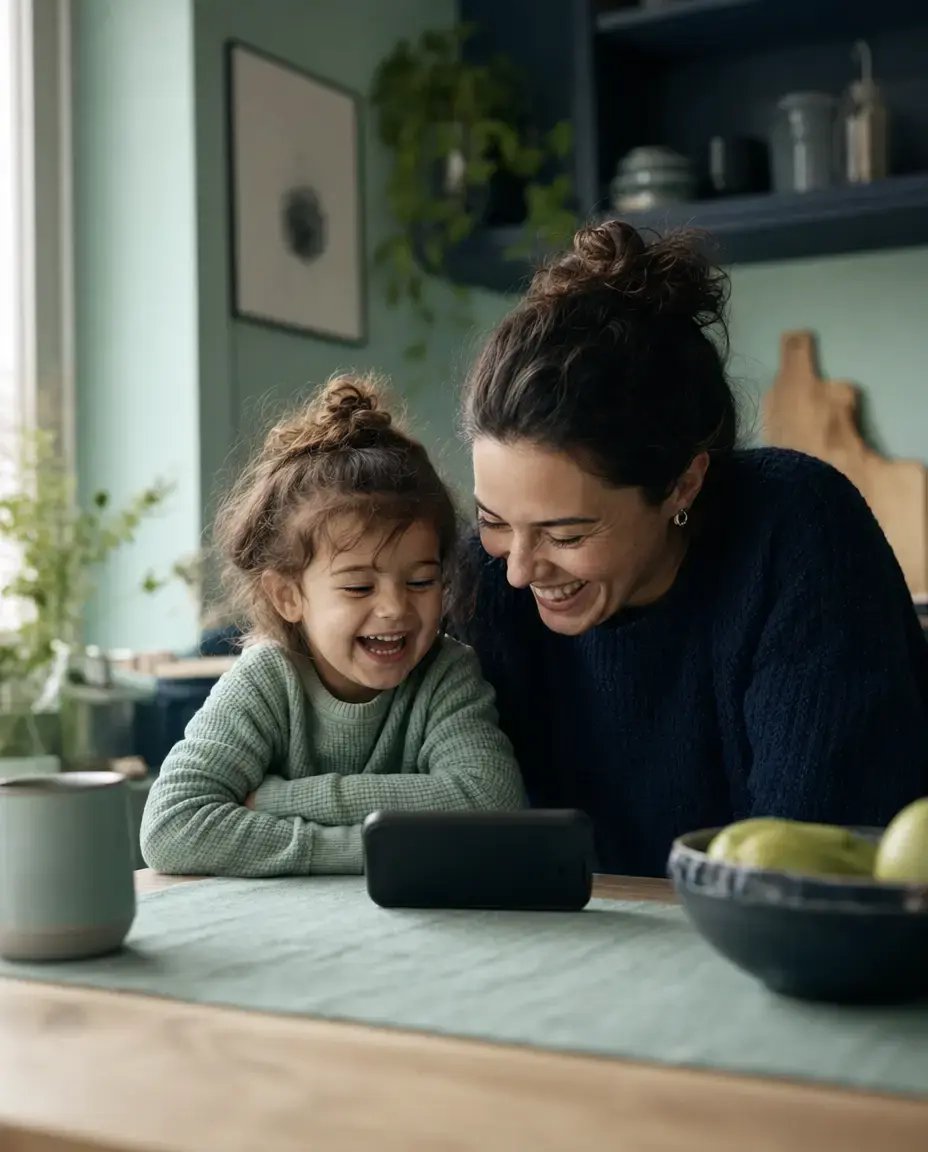 A parent and young child laughing together at a kitchen table, phone propped between  367696