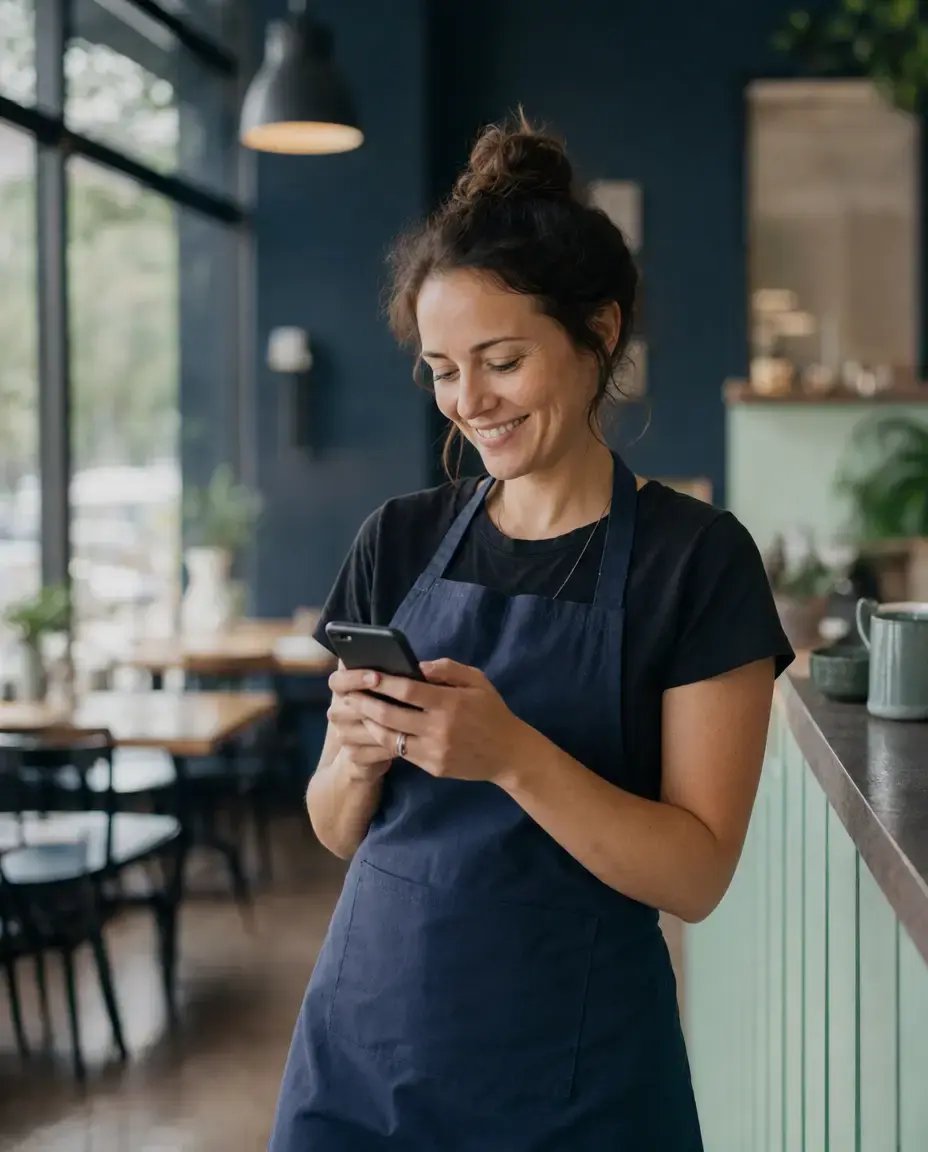 Warm candid photograph of a restaurant employee in her 30s wearing a work apron, stan 367696
