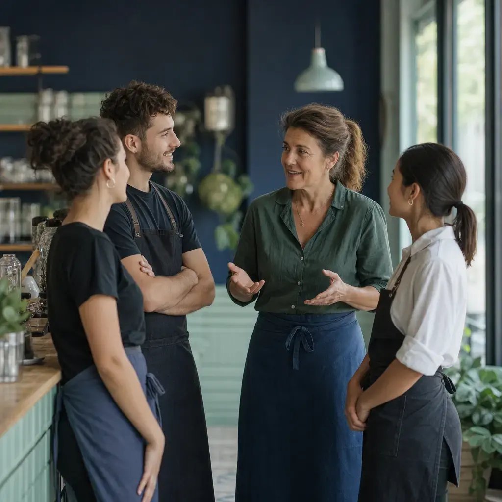 Firefly_gpt-image_Warm candid photograph of a small restaurant team during a pre-shift huddle