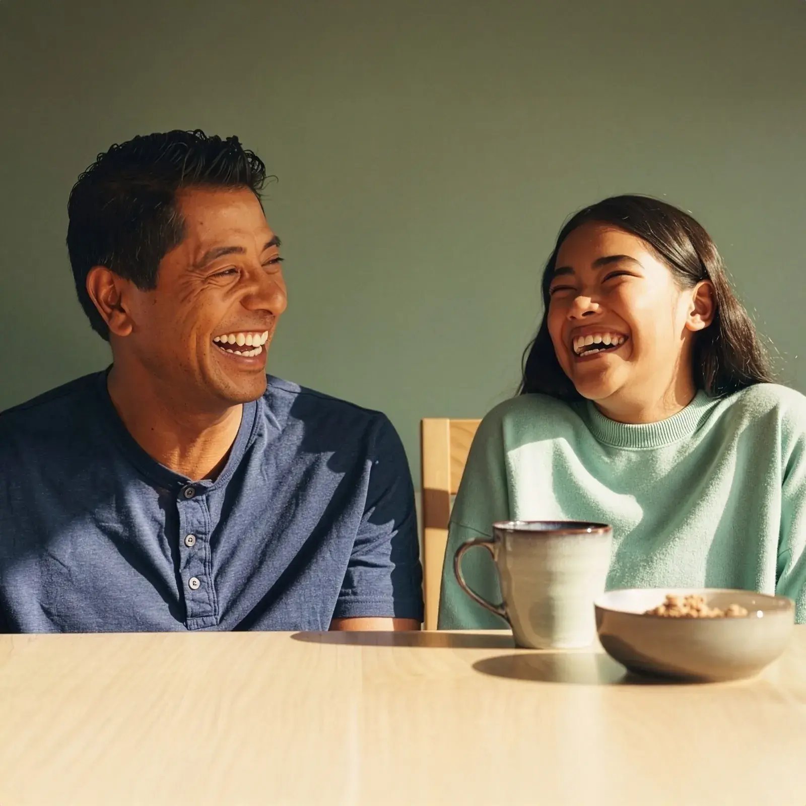 Father and teenage daughter laughing together at a sunlit kitchen table over breakfast