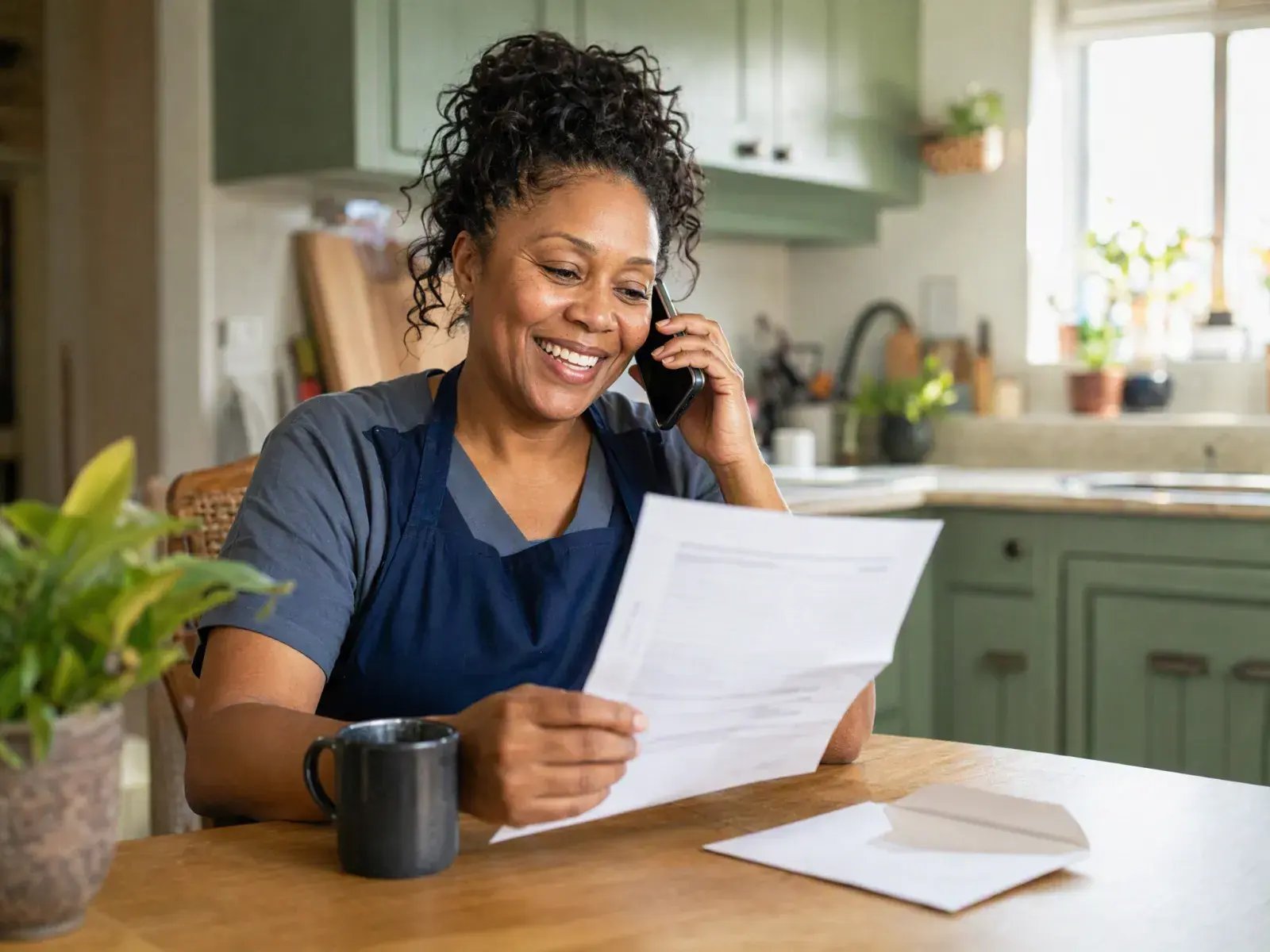Woman in a work apron on the phone at her kitchen table, smiling with relief as she reviews a hospital bill