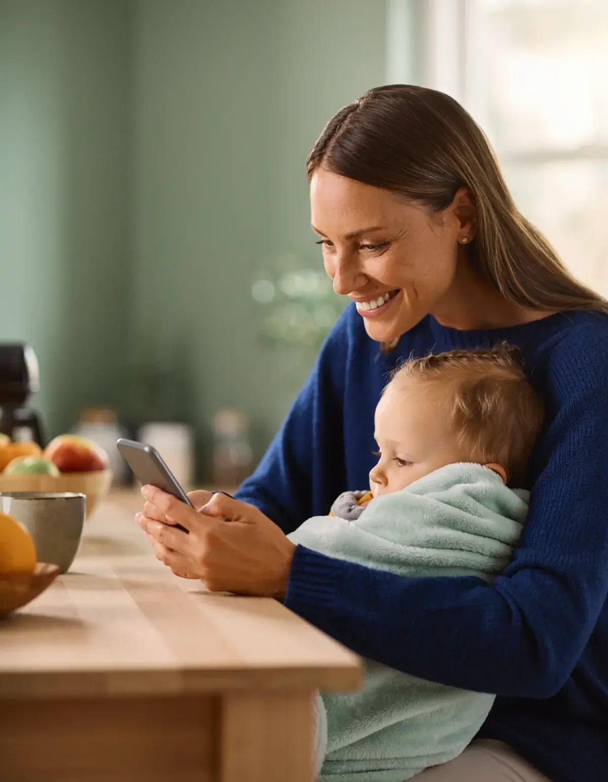 Smiling mother at her kitchen table looking at her phone, her baby wrapped in a blanket on her lap