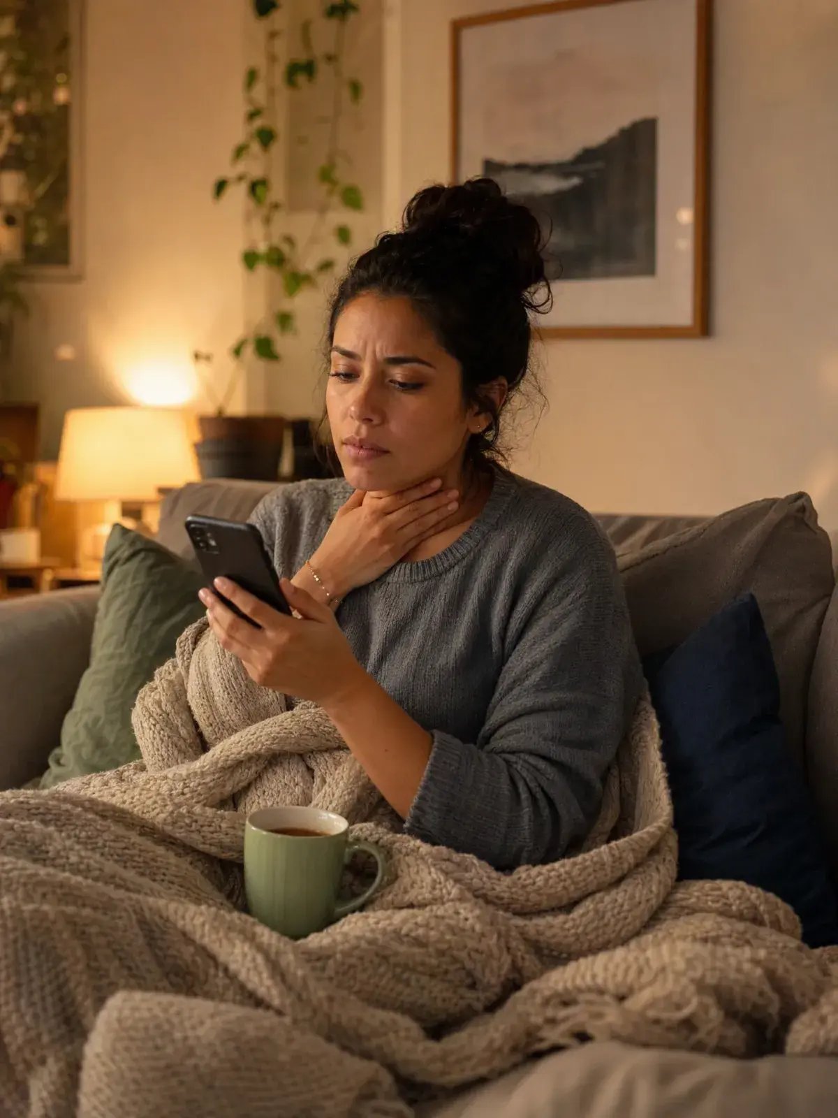 Woman under a blanket on her couch looking up symptoms on her phone